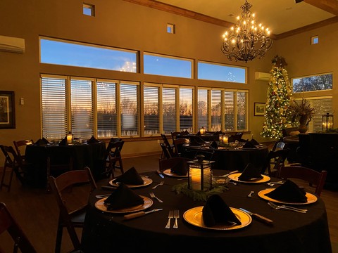 christmas tree in great room with sunset